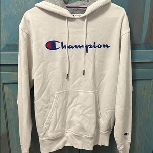 Champion White and Blue Logo Hoodie
